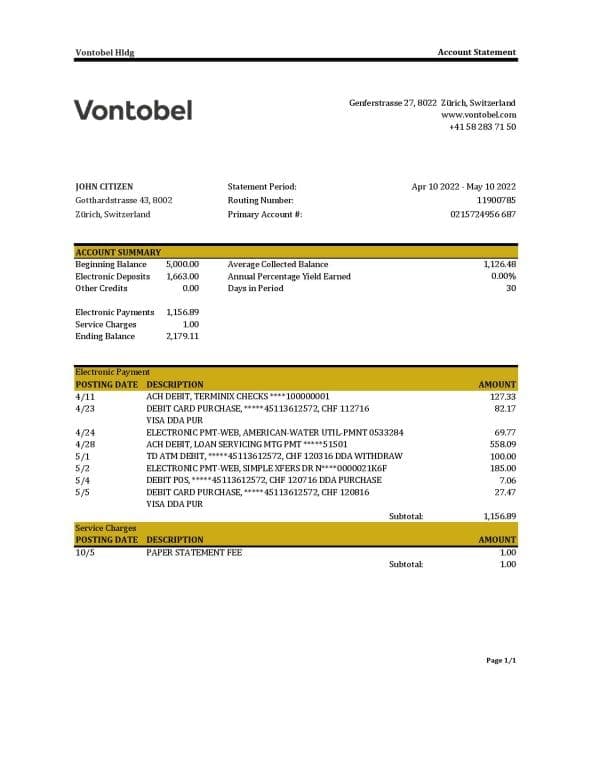 Switzerland Vontobel bank statement, Excel and PDF template