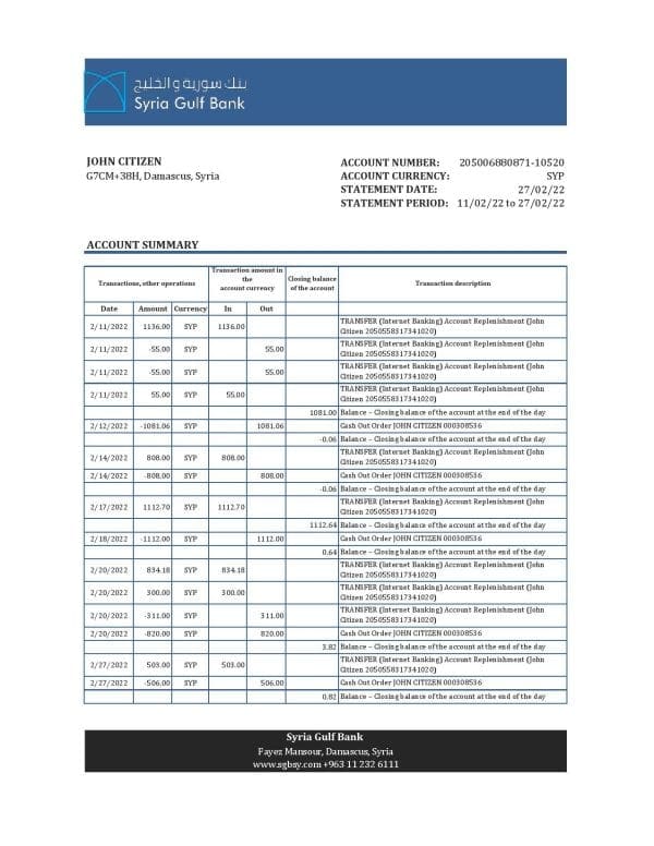 Syria Gulf bank statement, Excel and PDF template