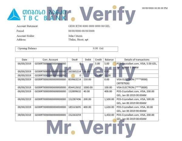 Georgia TBC bank proof of address statement template in Word and PDF format, fully editable