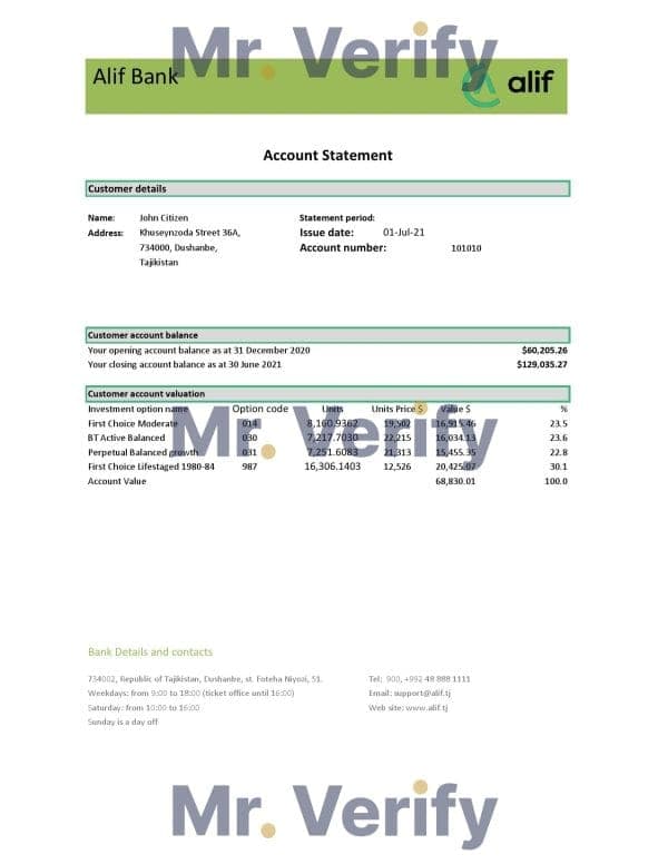 Tajikistan Alif Bank statement template in Excel and PDF format