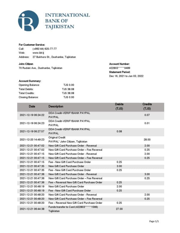 Tajikistan ITB bank statement template in Word and PDF format