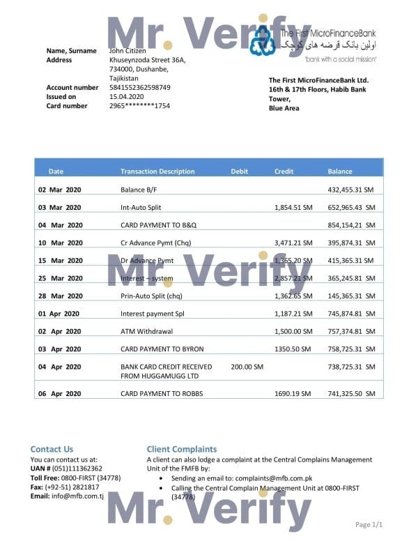 Tajikistan The First MicroFinance (FMFB) bank proof of address statement template in Word and PDF format
