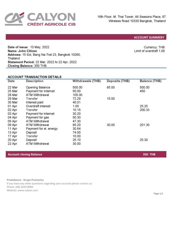 Thailand Caylon Bank statement template in Word and PDF format