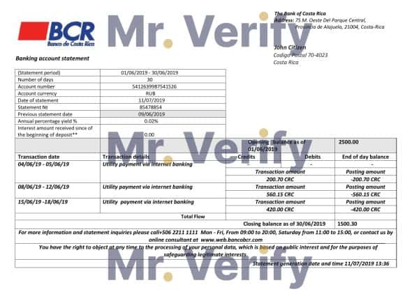 Costa Rica The Bank of Costa Rica bank statement easy to fill template in Excel and PDF format