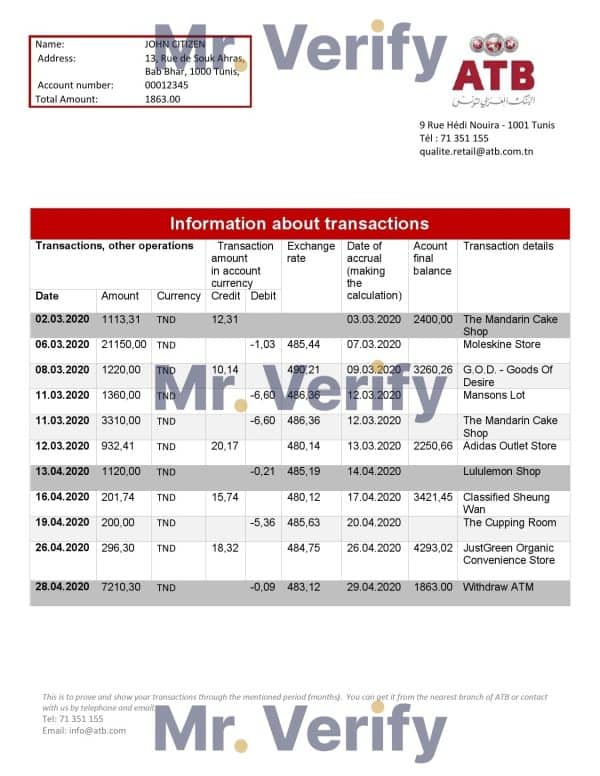 Tunisia ATB Bank Proof of Address Statement Template in Word and PDF format (.doc and .pdf)