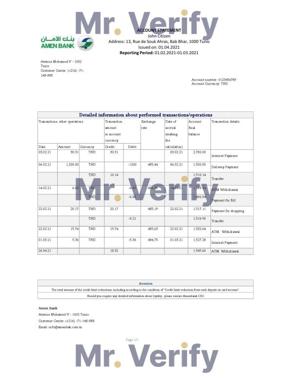 Tunisia Amen Bank statement easy to fill template in .xls and .pdf file format