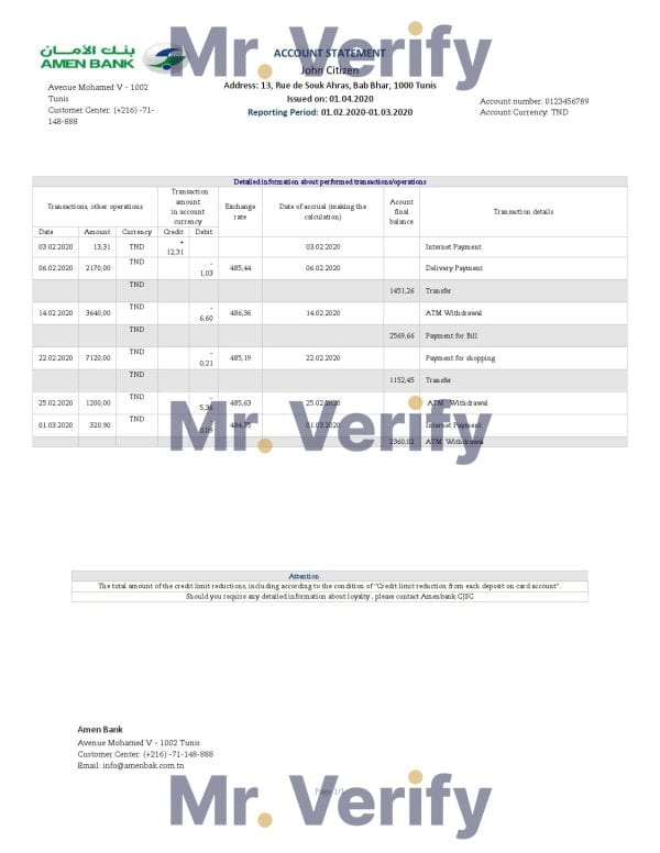 Tunisia Amen Bank statement easy to fill template in Word and PDF format