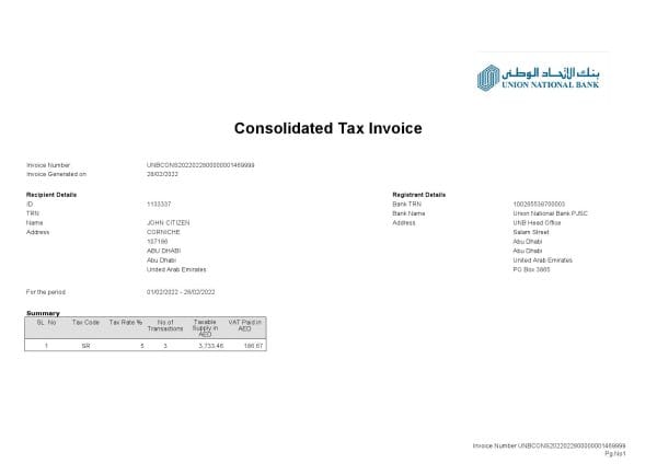 UAE Abu Dhabi Union National bank statement, Word and PDF template, 2 pages