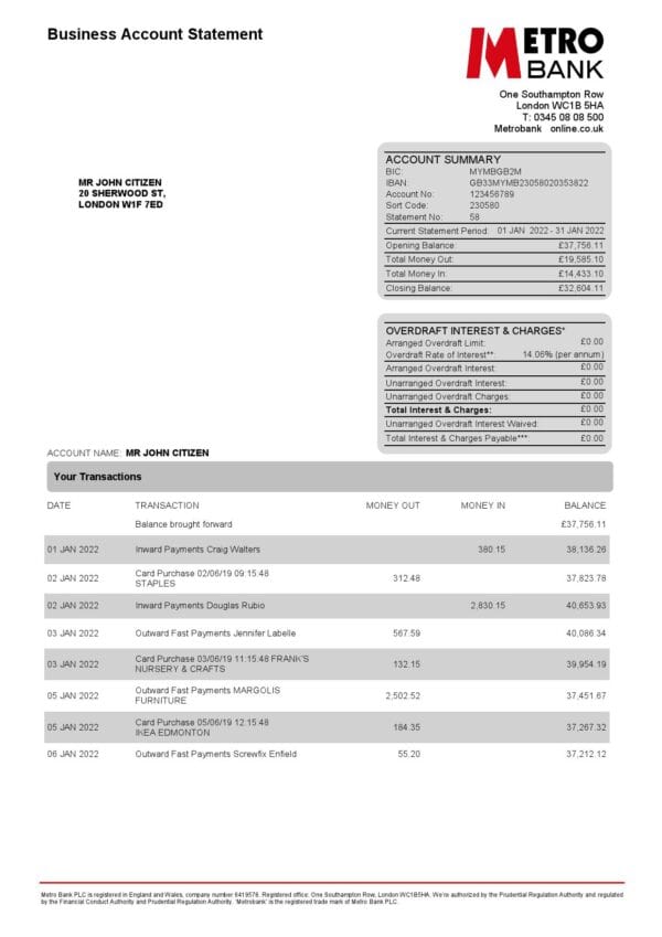 United Kingdom Metro bank business account statement Word and PDF template, 4 pages