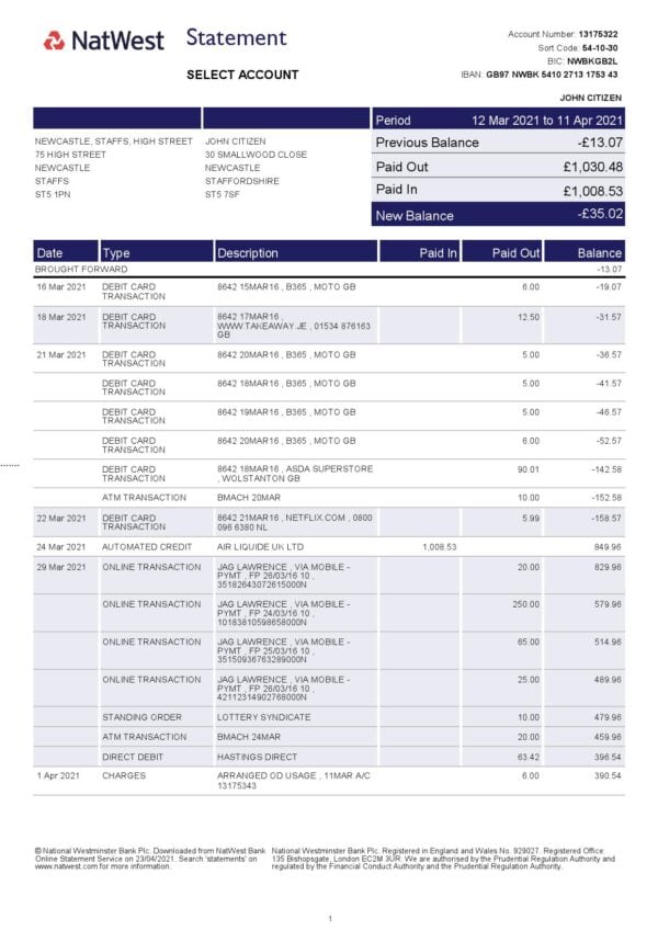 United Kingdom Natwest bank statement template in Word and PDF format (2 pages)