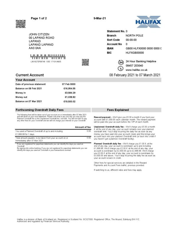 United Kingdom Halifax Bank Proof of Address Statement Template in Excel and PDF