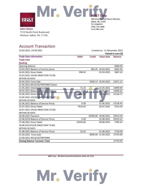USA BB&T Corp. bank statement easy to fill template in .xls and .pdf file format