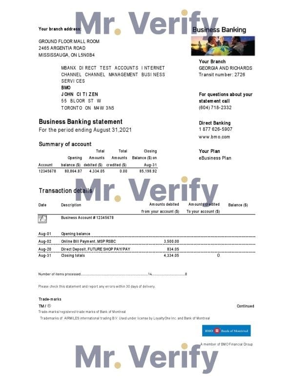 USA BMO Bank of Montreal bank proof of address statement template in Excel and PDF format