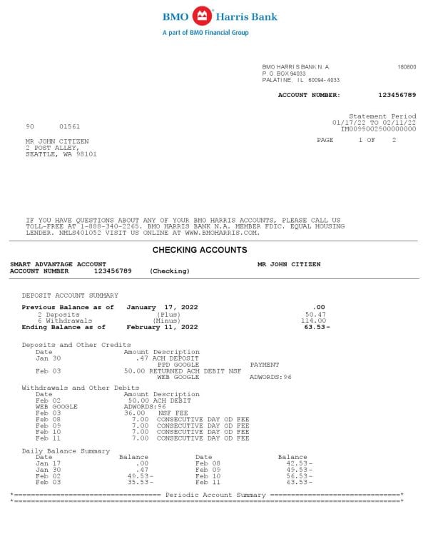 USA-BMO-Harris-bank-statement-Word-and-PDF-template-3-pages-1.jpg USA BMO Harris bank statement Word and PDF template, 3 pages