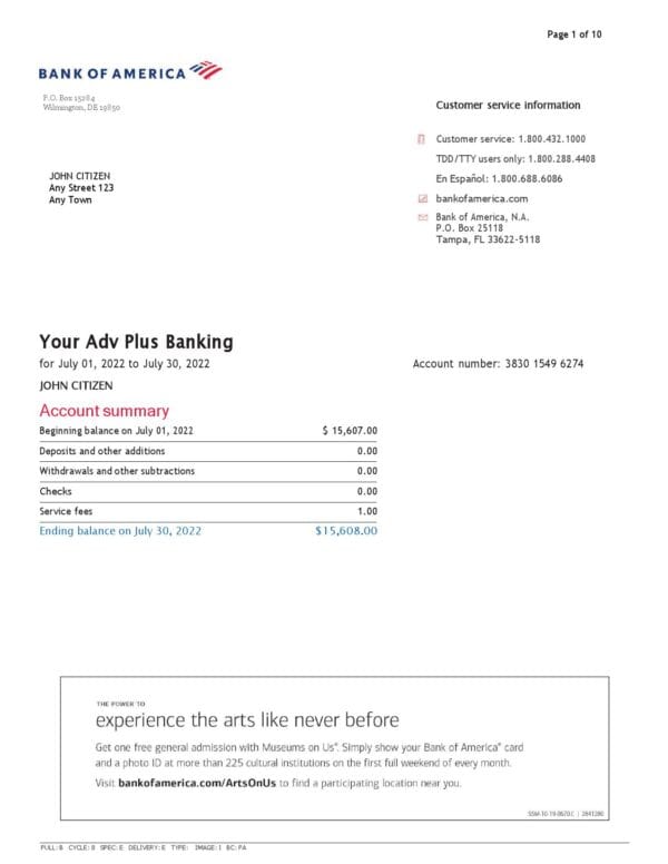 USA Bank of America bank statement Word and PDF template (10 pages), version 5