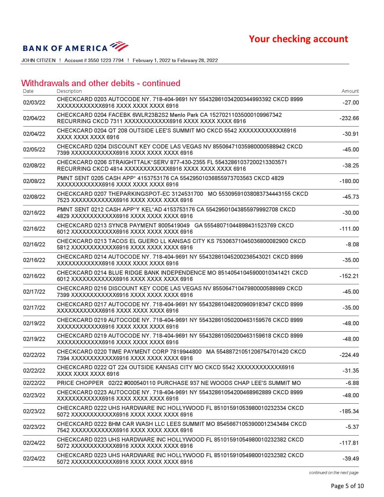 USA-Bank-of-America_000005.jpg USA Bank of America bank statement, Word and PDF template, 10 pages - Image 5
