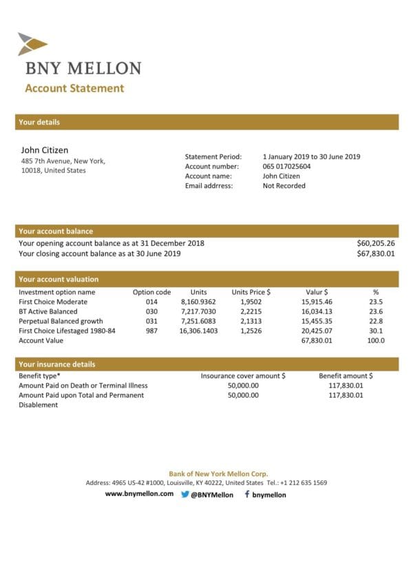 USA Bank of New York Mellon proof of address bank statement template in Word and PDF format (.doc and .pdf)