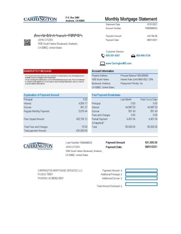 USA Carrington Mortgage Services bank statement easy to fill template in .xls and .pdf file format