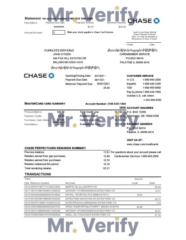 USA Chase bank Mastercard card statement easy to fill template in Excel and PDF file format