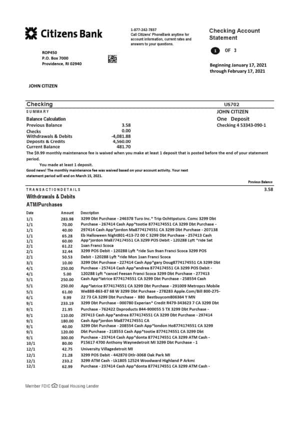 USA Citizens bank statement template in Excel and PDF format, (4 pages) good for address prove