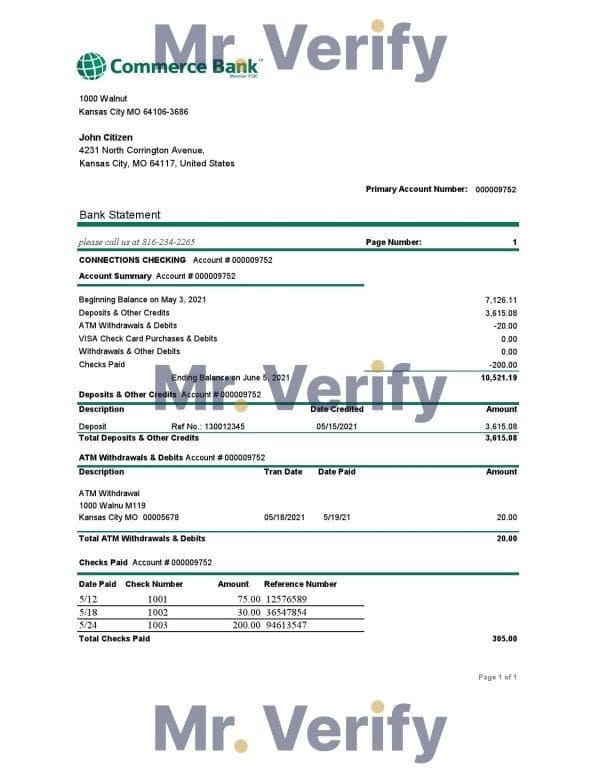 USA Commerce Bank statement easy to fill template in Excel and PDF format