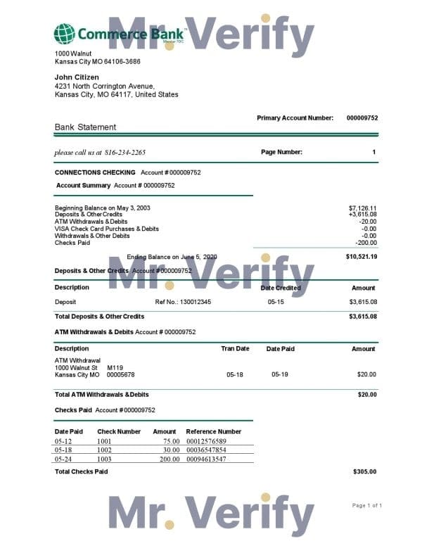USA Commerce bank proof of address statement template in Word and PDF format