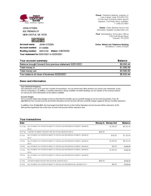 USA First Century Bank statement easy to fill template in Excel and PDF format
