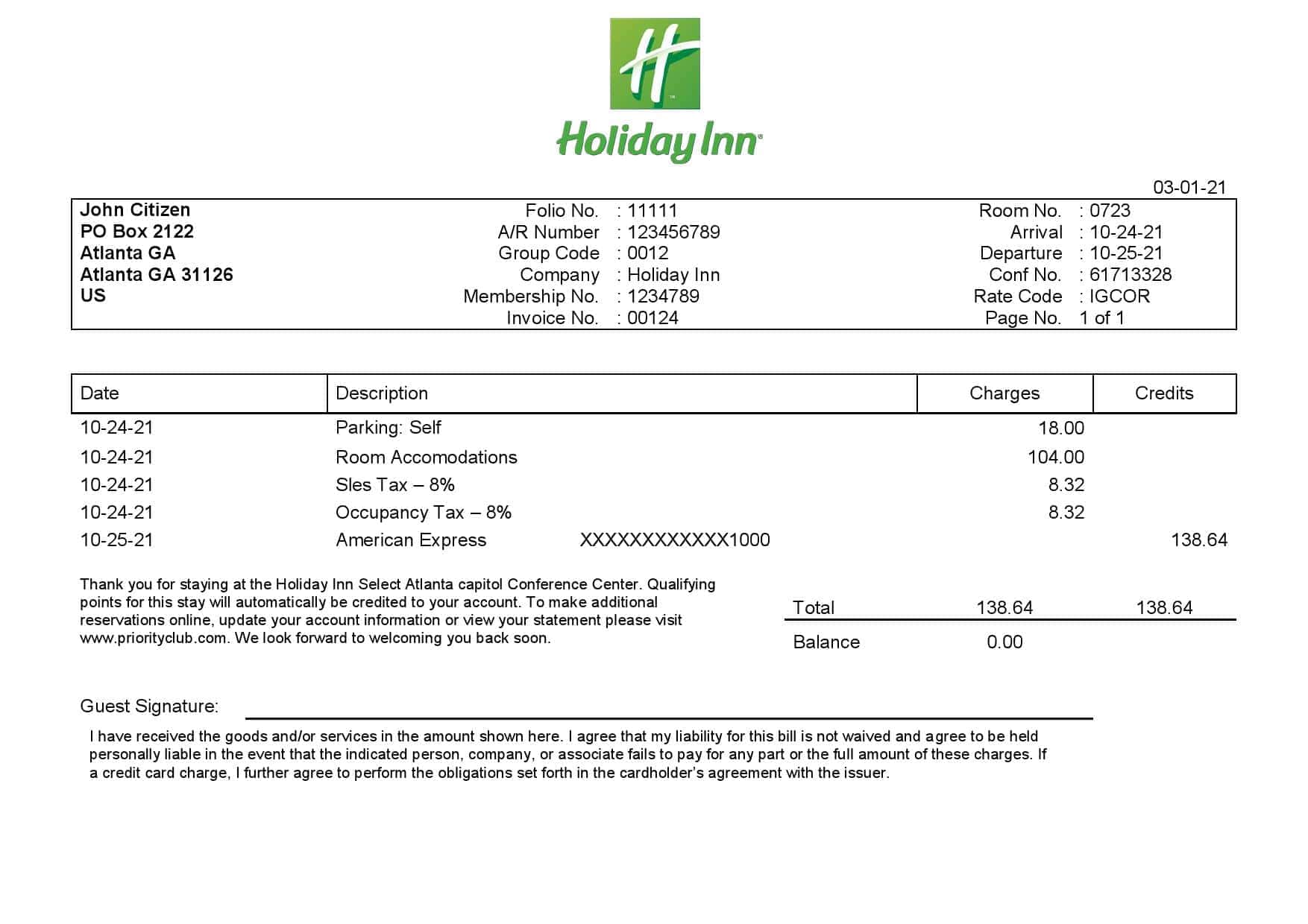 USA Holiday Inn InterContinental Hotels Group invoice template in Word and PDF format, fully editable USA Holiday Inn InterContinental Hotels Group invoice template in Word and PDF format, fully editable