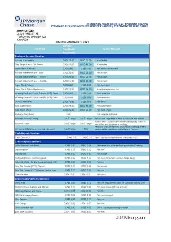 USA JP Morgan Chase bank statement template in .xls and .pdf file format