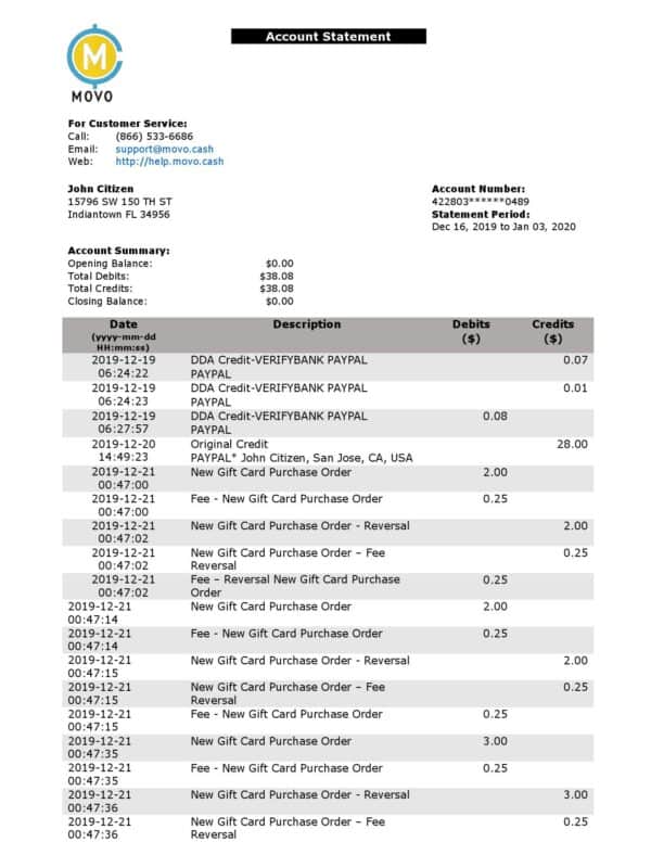 USA MOVO bank statement template in Word and PDF format, good for address prove