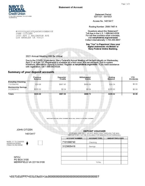 USA Navy Federal Credit Union Bank Statement Template (Complete 5-Page Word & PDF)
