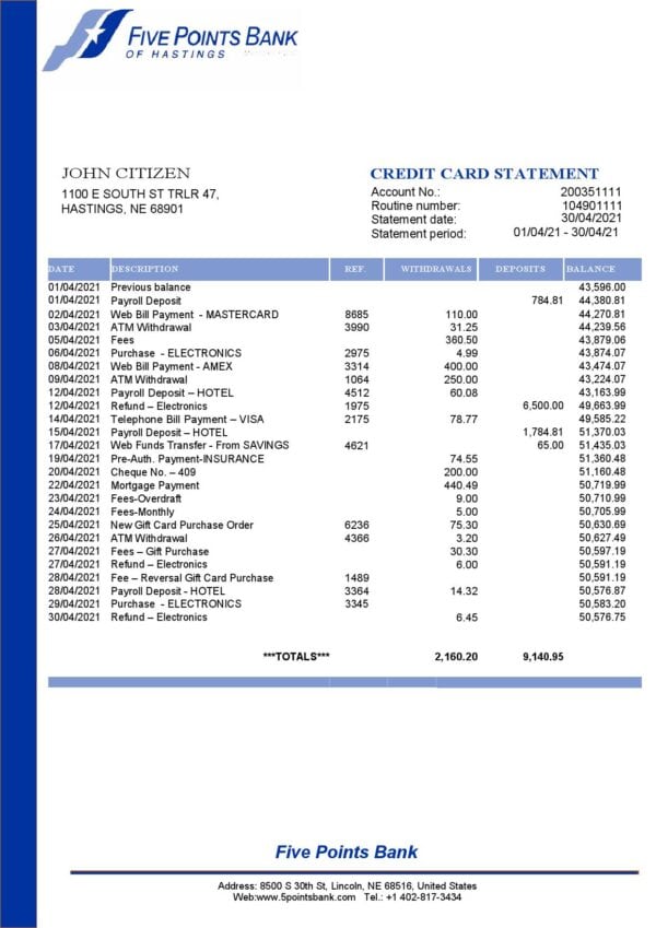 USA-Nebraska-Five-Points-Bank-credit-card-statement-template-in-Word-and-PDF-format.jpg USA Nebraska Five Points Bank credit card statement template in Word and PDF format