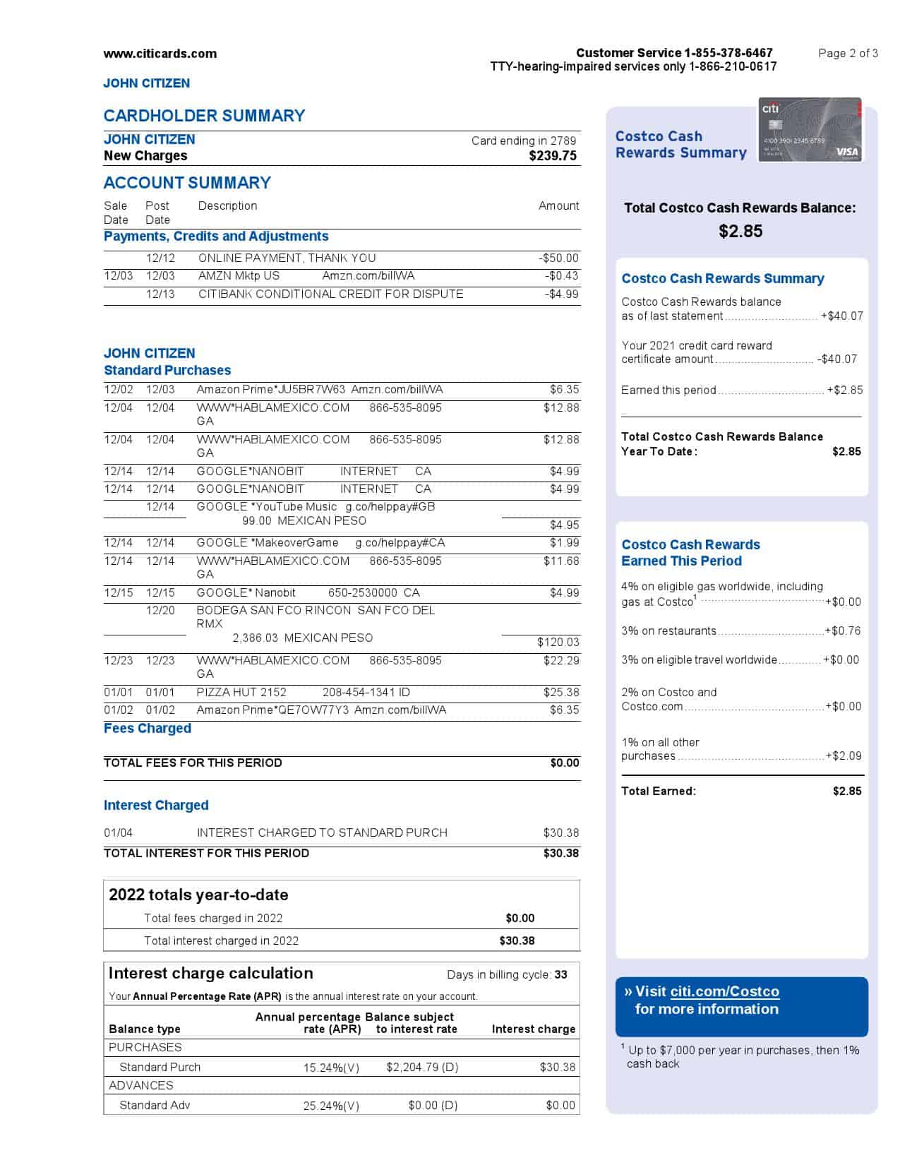 USA-New-Jersey-Costco-card-by-Citi-bank-statement-4-pages_000002.jpg USA Costco Anywhere Visa Card by Citi bank statement, Word and PDF template, 4 pages - Image 2