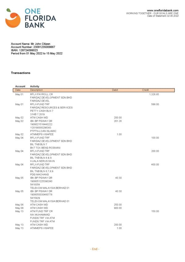 USA-One-Florida-bank-statement-Word-and-PDF-template.jpg USA One Florida bank statement, Word and PDF template