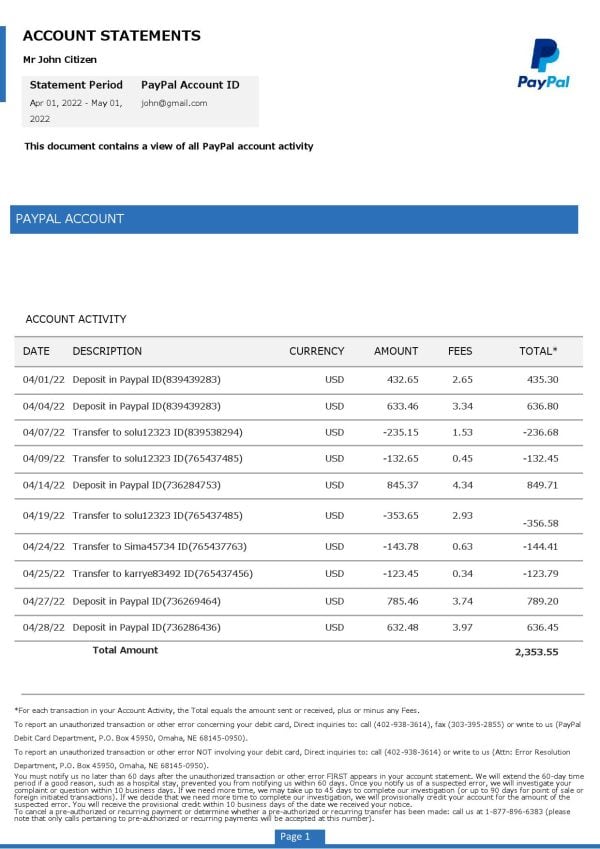 USA PayPal Account Statement Word and PDF Template