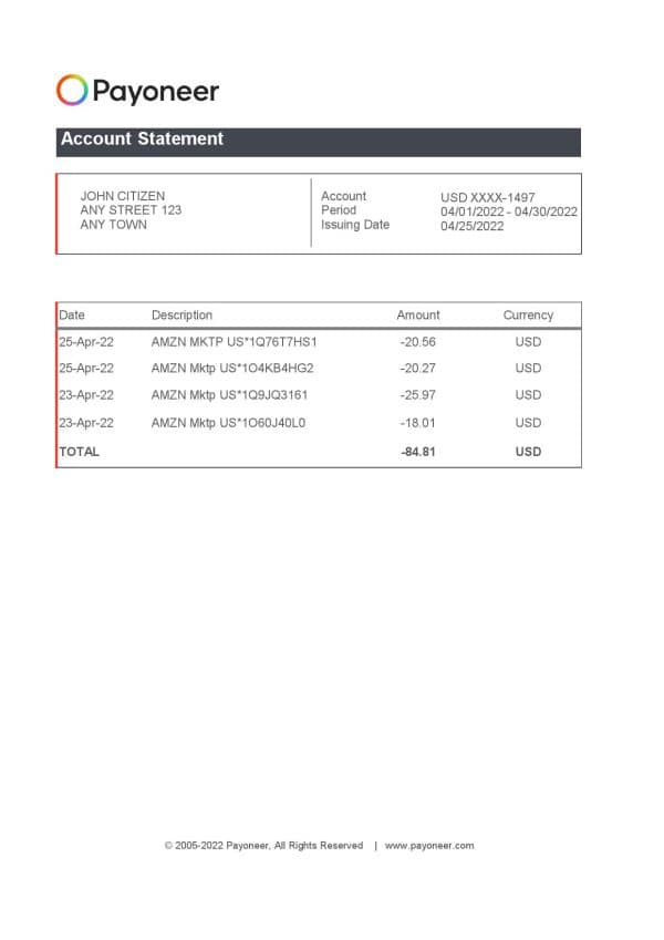 USA Payoneer account statement Excel and PDF template