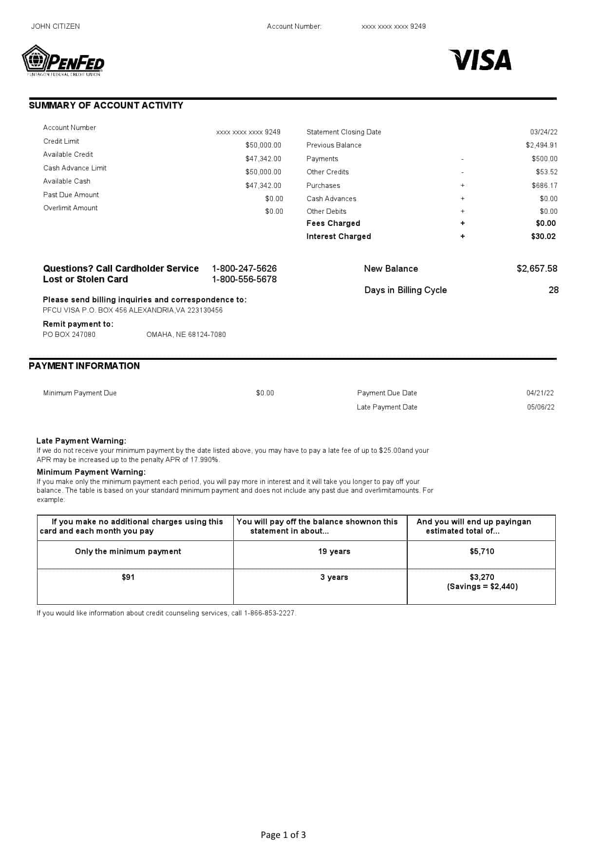 USA-Pentagon-Federal-Credit-Union-PenFed-bank-statement-Word-and-PDF-template-3-pages-1.jpg USA Pentagon Federal Credit Union (PenFed) bank statement, Word and PDF template, 3 pages