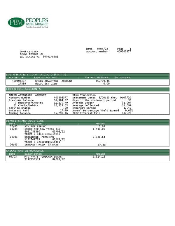 USA Peoples Bank Midwest (PBM) bank statement Word and PDF template, 5 pages