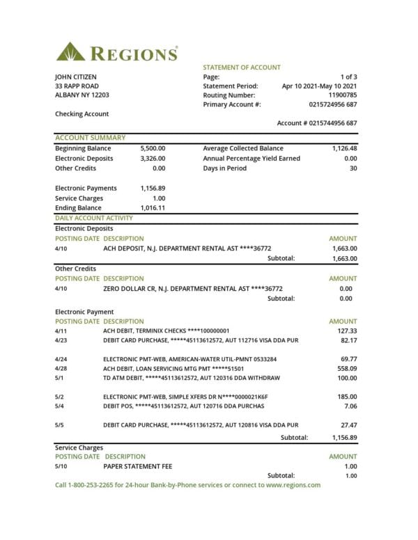 USA Regions bank statement template in .xls and .pdf file format