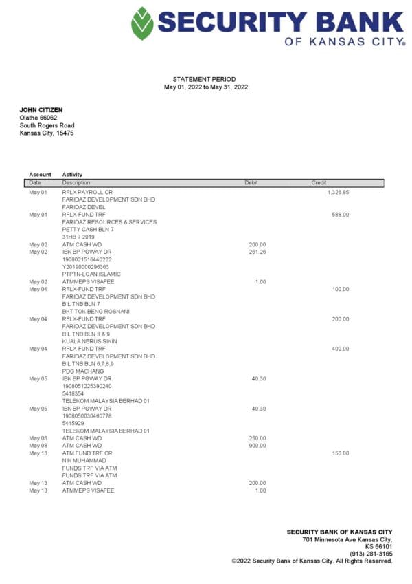 USA Security Bank of Kansas city bank statement Word and PDF template