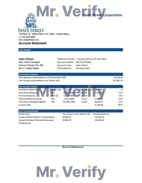USA State Street Corporation bank statement template in Excel and PDF format