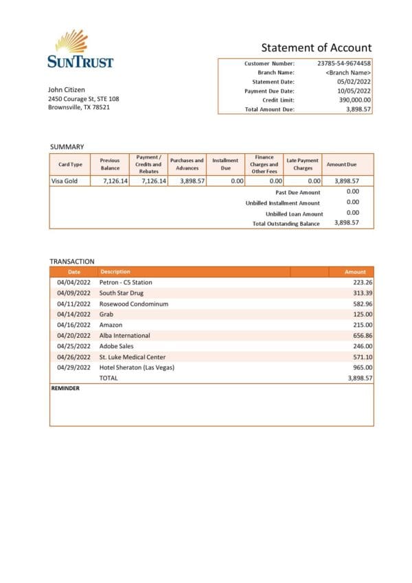 USA SunTrust bank statement Word and PDF template, version 2