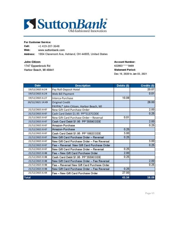 USA Ohio Sutton Bank statement template in .xls and .pdf file format