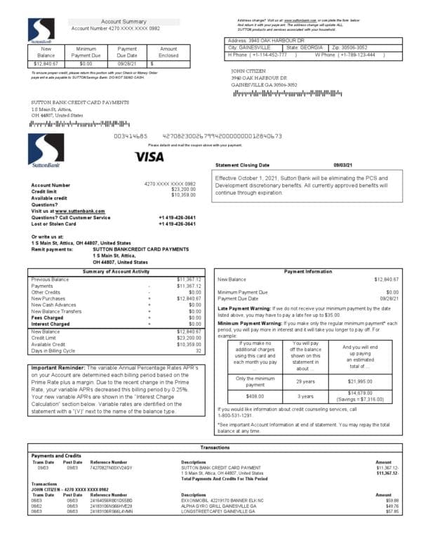 USA Sutton bank credit card statement template in Word and PDF format