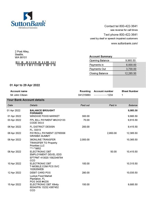 USA Sutton bank statement Word and PDF template, 2 pages