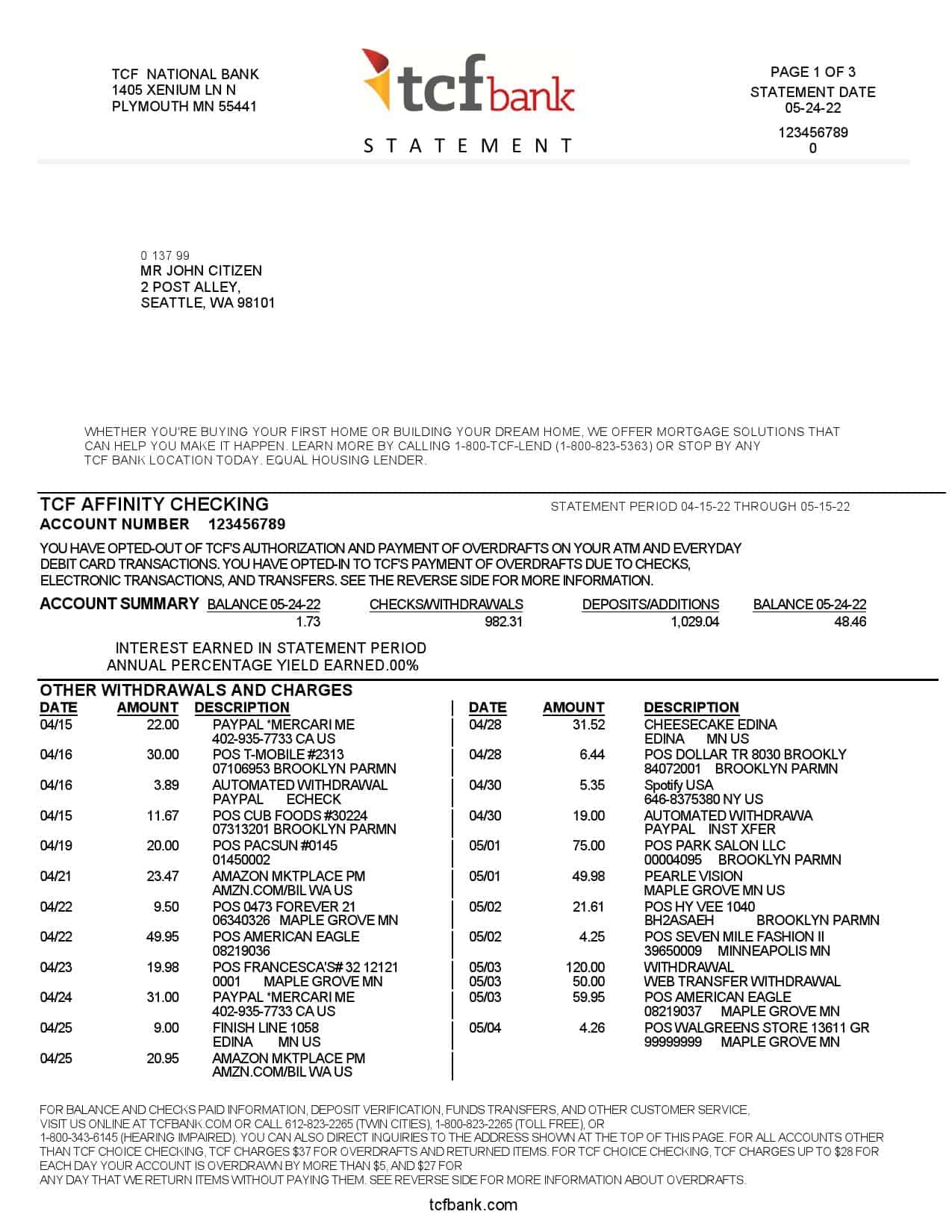 USA-TCF-bank-statement-Word-and-PDF-template-3-pages-1.jpg USA TCF bank statement, Word and PDF template, 3 pages