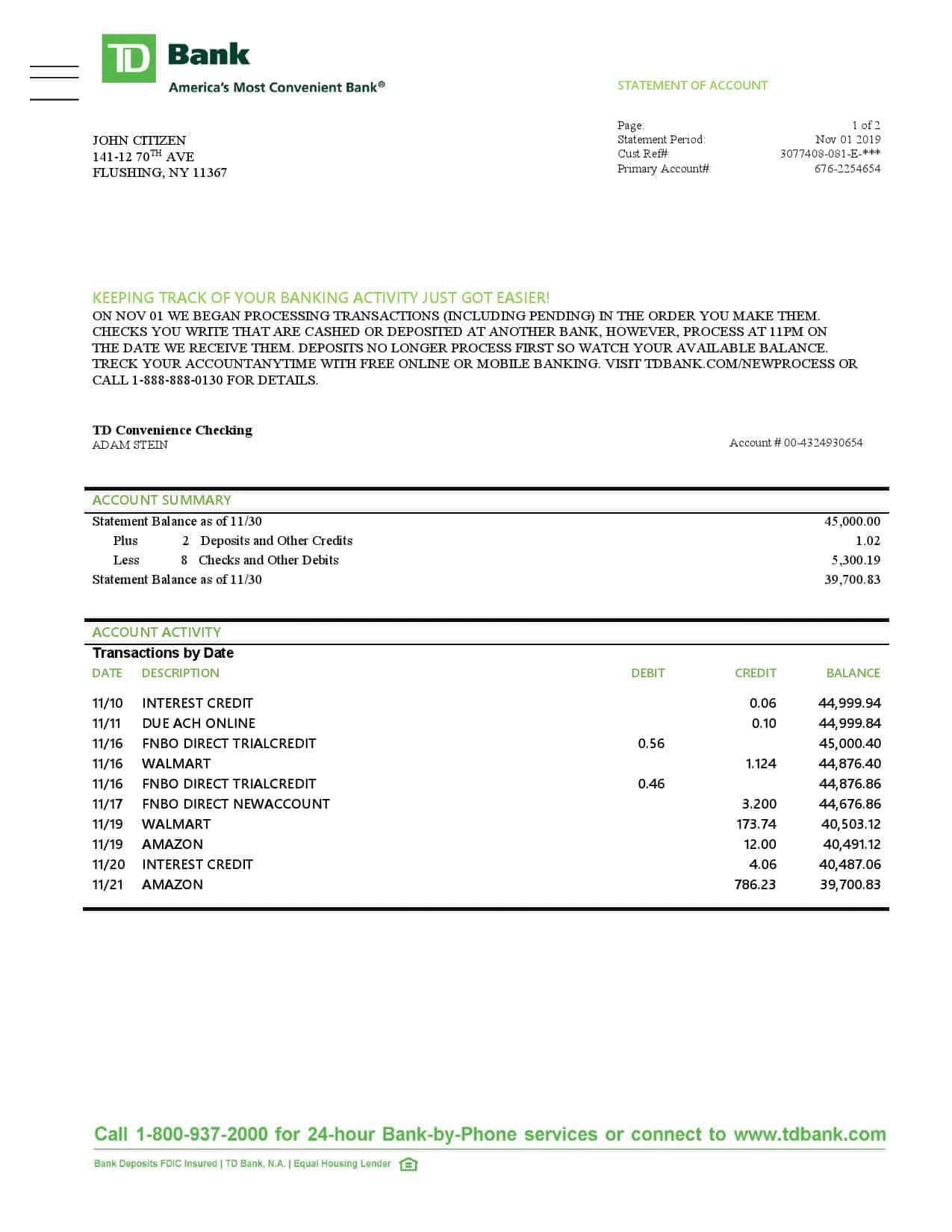 USA-TD-bank-statement_000001.jpg USA TD bank statement template, Word and PDF format (.doc and .pdf)