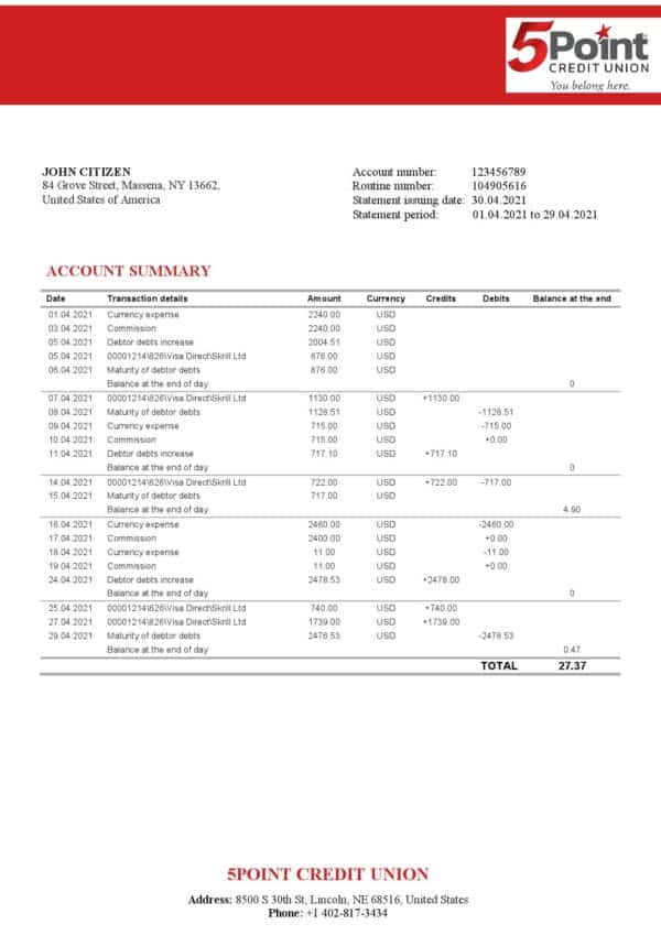 USA-Texas-5Point-Bank-J.C_000001.jpg USA Texas 5Point Credit Union bank statement template in Word and PDF format