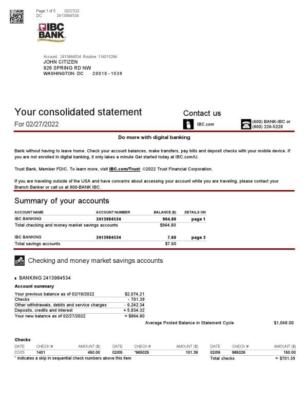 USA Texas IBC bank statement Word and PDF template, 5 pages