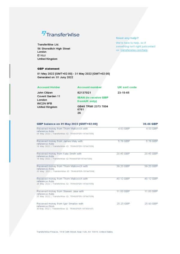 USA TransferWise Finances statement, Word and PDF template